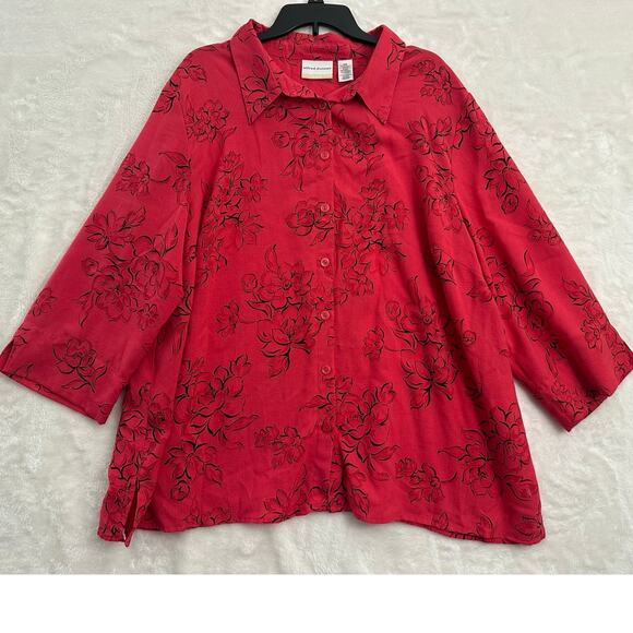 Alfred Dunner Red Floral Burnout Button Top 22W 2X Classy Mature - Picture 1 of 10